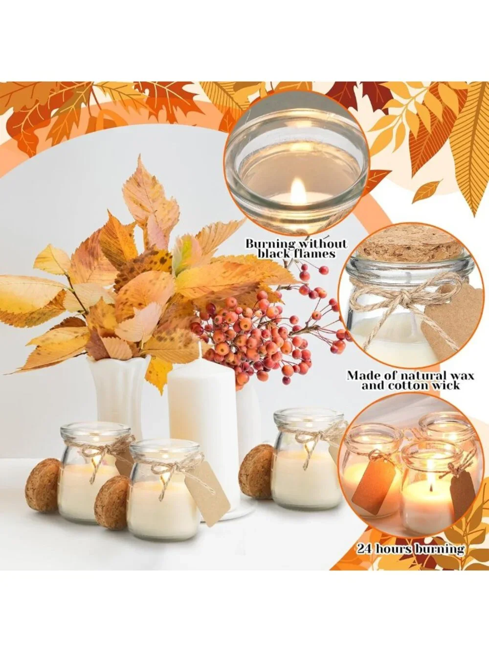 24 Pcs Fall Jar Candles - Natural Wax Holiday Gifts, Pumpkin & Apple Scents, DIY